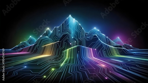Digital landscape with geometric circuit mountains – Suitable for tech complexity, innovation summits, or cyber world.