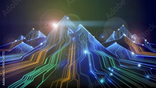 Glowing circuit peaks and data waterfalls – Great for future technology, AI exploration, or high-tech environments.