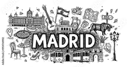 Madrid landmarks and symbols: cultural highlights in black and white