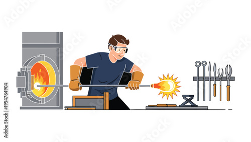 Crafting with Fire: A skilled artisan, enveloped in protective gear, shapes molten glass with focused precision, the radiant glow of the kiln and fiery glass illuminating the workshop.