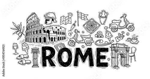 Rome landmarks and icons sketch with colosseum and historical symbols