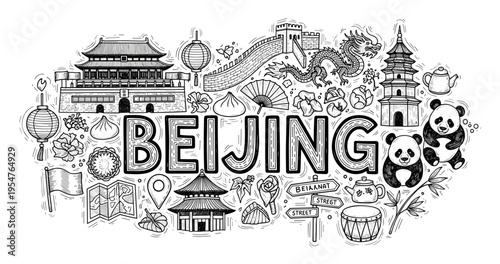 Beijing landmarks and culture illustrations with pandas and great wall