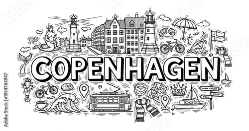 Copenhagen doodle art with iconic landmarks and danish culture elements