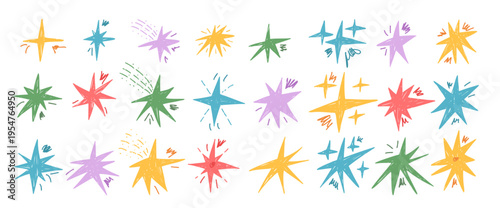 Colorful hand drawn stars. Crayon twinkles spark set. Scribble magic twinkles stardust collection. Christmas childish blue, purple shine decoration. Vector asterisk elements isolated no background.