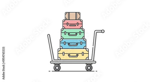 Stack of colorful luggage on cart.