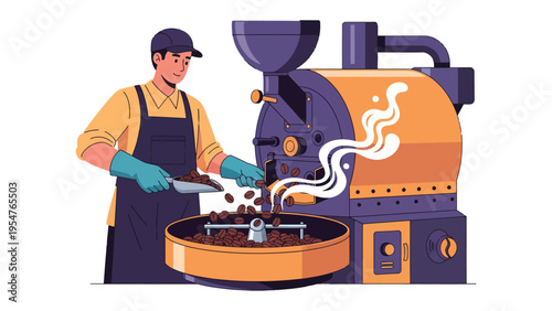 Crafting the Perfect Brew: A barista intently monitors the roasting process, meticulously tending to the fresh coffee beans, ensuring a rich aroma and perfect flavor profile.