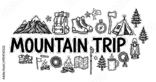 Mountain trip adventure with camping gear and hiking equipment sketch