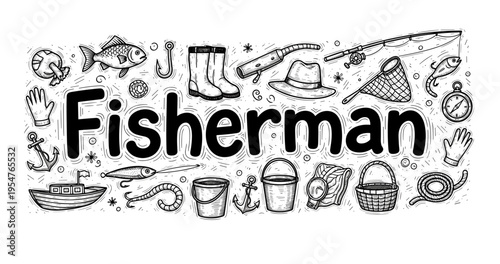 Fisherman theme: fishing gear and tools in black and white illustration