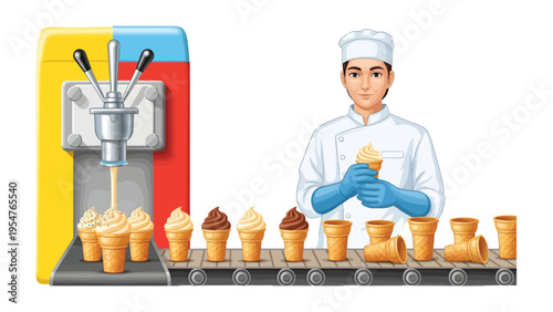 The Art of the Creamery: A skilled artisan meticulously crafts delectable ice cream cones at a vibrant machine, each swirl a testament to his expertise.