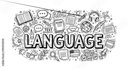 Language learning concept: books, text, and abc doodles in black and white