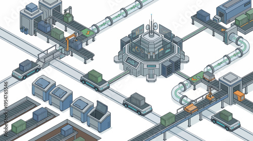 Industrial factory with machinery and conveyor belts.