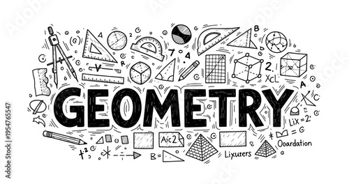 Creative hand-drawn geometry elements and formulas surrounding bold text