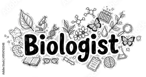 Biologist concept with science elements: microscopes, dna, flora, and fauna illustrations