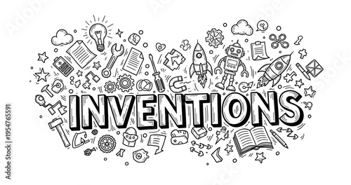 Creative inventions doodle with robots, rockets, and light bulbs