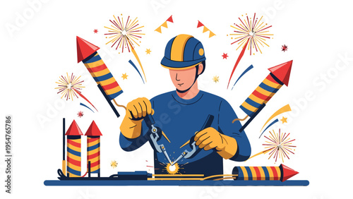 Welder and Fireworks: A skilled welder carefully works amidst a display of vibrant fireworks, creating sparks of light and energy that illuminate the scene, showcasing precision and craftsmanship.