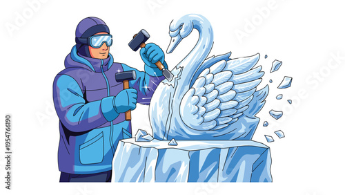 Ice Sculptor at Work: A skilled artisan meticulously sculpts a graceful swan from a block of ice, showcasing precision, artistry, and the ephemeral beauty of the medium. 