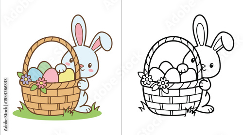 Easter Bunny Coloring Book Page with Basket of Eggs and Flowers
