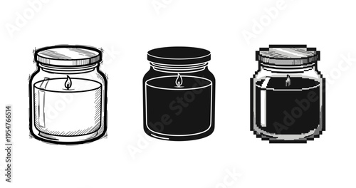 Hand-drawn, solid, and pixel art candle jars with lids and lit wicks
