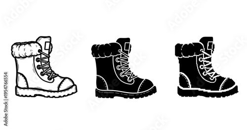 Set of black and white winter boots illustration with fur and laces
