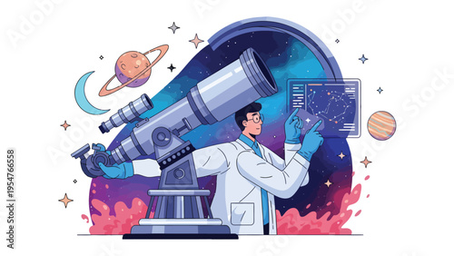 Stargazer's Exploration: A dedicated scientist delves into the cosmos with a telescope, surrounded by celestial bodies, planets, stars, and galaxies. Capturing the essence of scientific discovery.