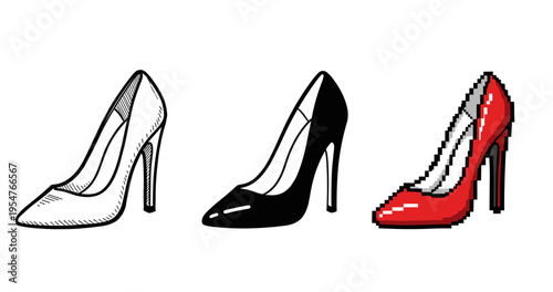 Stylish high heels in monochrome and pixel art style
