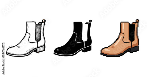 Three styles of ankle boots: sketch, silhouette, pixel art on white background