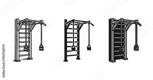 Three variations of wall-mounted pull-up bars with dip attachments