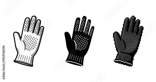 Set of three gloves: black, white, pixelated designs on white background