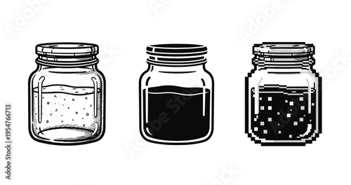 Three mason jars: line art and pixelated design with varied contents