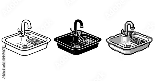 Three artistic variations of kitchen sink design: line art, silhouette, pixel style
