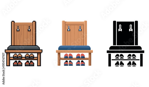Wooden shoe racks with hooks: pixel art and silhouette designs