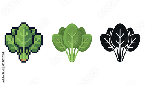 Stylized spinach icons: pixel art, minimalist green, black silhouette designs