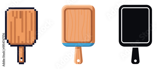 Three stylized cutting boards: pixel, wood, and chalkboard designs