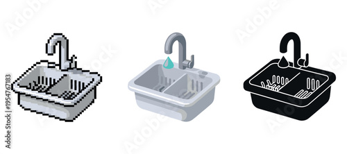 Pixel, isometric, and silhouette kitchen sinks with faucet designs