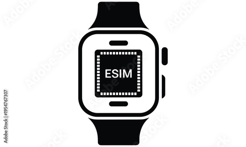 Simple black and white vector illustration of a smartwatch with embedded esim technology displayed on its screen representing modern wearable device connectivity.