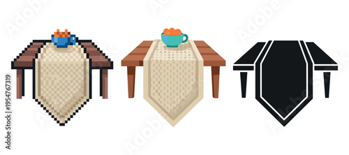 Comparison of table settings: pixel art, realistic and minimalist designs with tablecloths