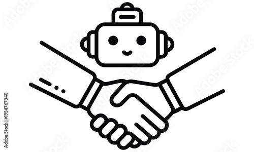 Friendly robot illustration shaking hands with a person showing partnership and collaboration in technology and innovation.