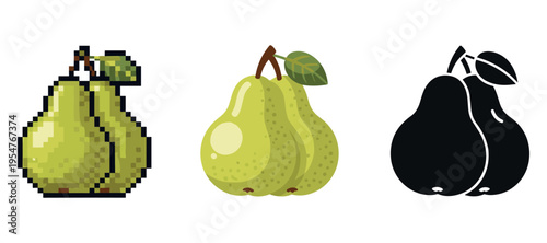 Pixelated, realistic, and silhouette pear art variation in green tones