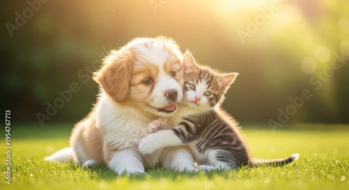 A golden retriever puppy and a tabby kitten cuddle together on a lush green lawn, bathed in warm sunlight. The puppy is playfully licking the kitten's 