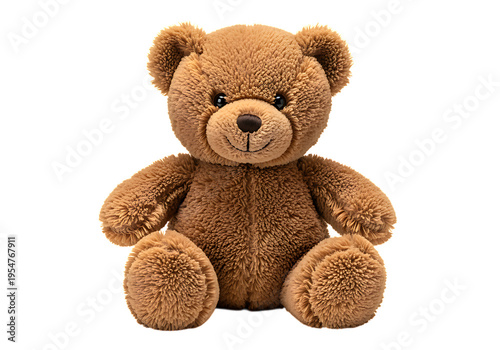 Brown teddy bear sitting upright with paws and smiling face png isolated on transparent background