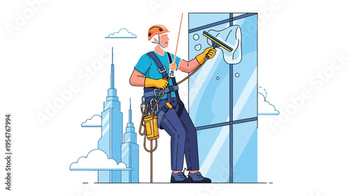 High-Rise Cleaning: A skilled window cleaner, suspended by safety ropes, expertly cleans a skyscraper's glass facade, showcasing precision and dedication to the job.