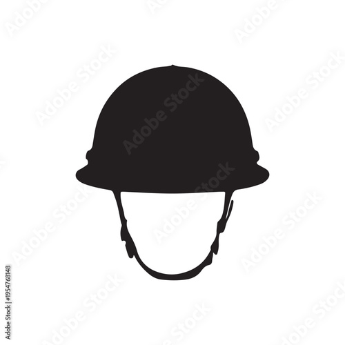 Construction helmet silhouette. Safety hard hat icon with chin strap isolated on white background.