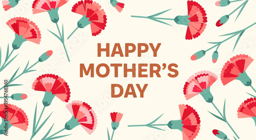 Happy Mother's Day Greeting Card Banner with Red and Pink Carnations Floral Illustration, Elegant Celebration Background for Mom