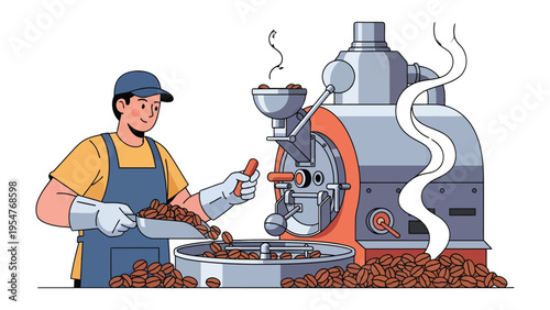 Brewmaster at Work: An artisan roaster, focused and dedicated, expertly manages the coffee bean roasting process using industrial equipment, showcasing the craft and precision behind the perfect cup.