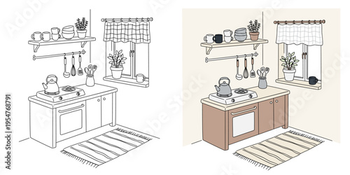 Cozy domestic kitchen interior with cooking appliances, window, and potted plants