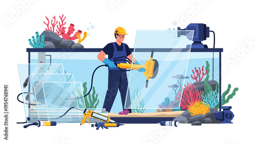 Aquarium Assemblage: A skilled professional is meticulously assembling a transparent aquarium, with careful precision.