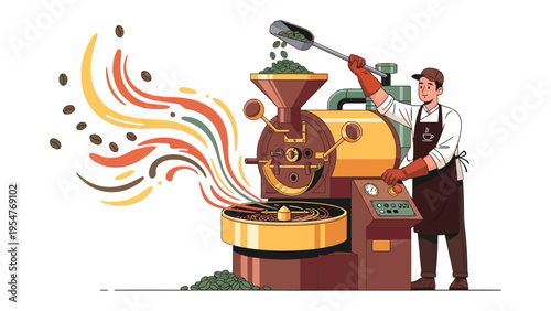 The Coffee Roaster's Craft: A barista meticulously roasts coffee beans, transforming them into aromatic perfection, surrounded by vibrant steam and the art of coffee.