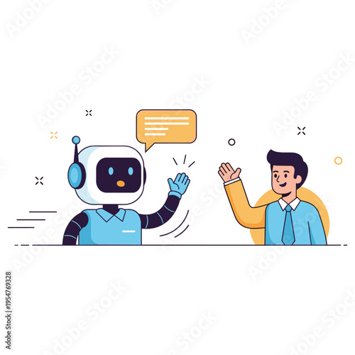 Friendly interaction between robot and young adult caucasian male