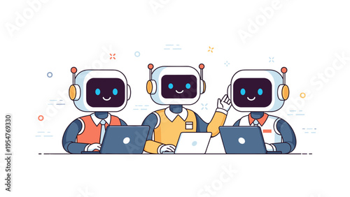 Friendly robots working on laptops in a collaborative office setting