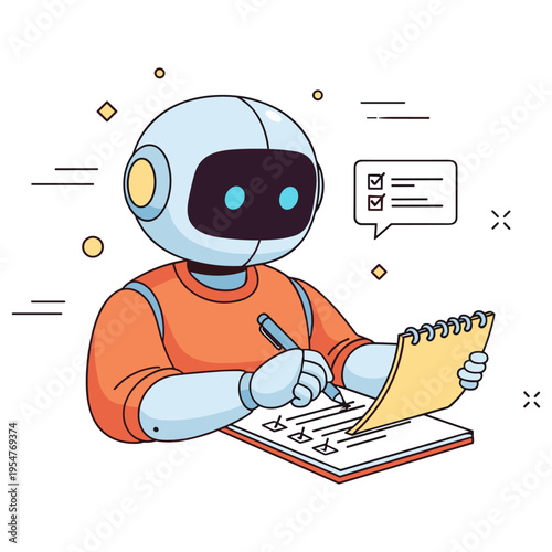 Robot completing checklist with pencil and notepad illustration